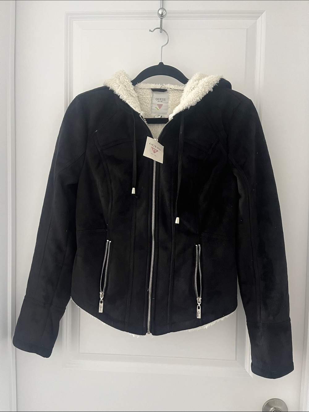 GUESS Black Faux-Suede Teddy Jacket with Cream Sherpa Hood